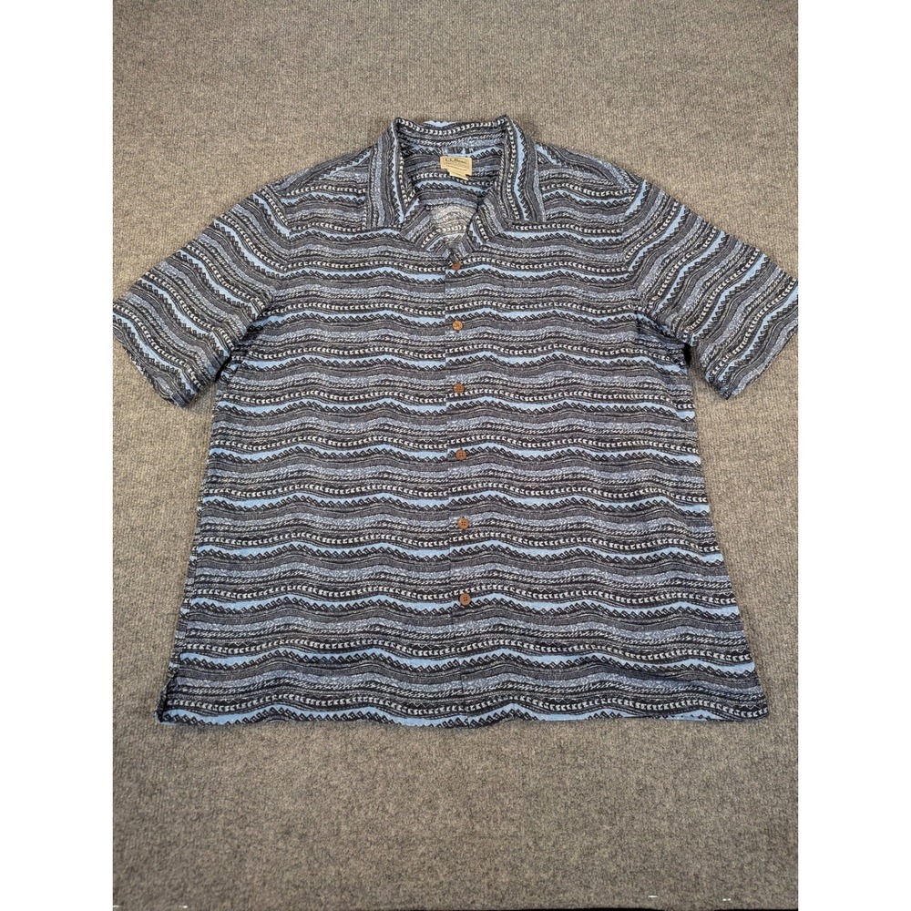 LL Bean‎ Mens Blue Wavy Geometric Tribal Print Camp Shirt L-REG 300229
